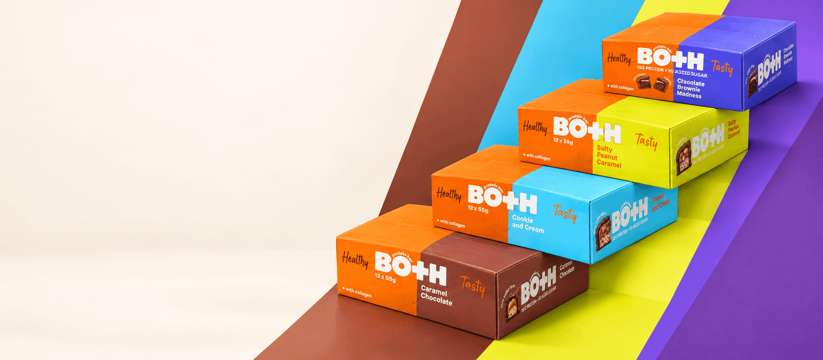 Four BO+H protein bar flavour boxes: Caramel Chocolate, Cookie and Cream, Salty Peanut Caramel, and Chocolate Brownie Madness