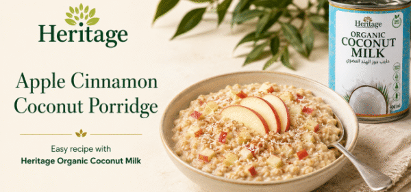 Apple Cinnamon Coconut Porridge with Heritage Organic Coconut Milk, sliced apple and desiccated coconut Apple Cinnamon Coconut Porridge with Heritage Organic Coconut Milk, sliced apple and desiccated coconut