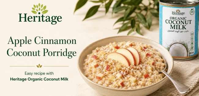 Apple Cinnamon Coconut Porridge with Heritage Organic Coconut Milk, sliced apple and desiccated coconut