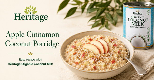 Apple Cinnamon Coconut Porridge with Heritage Organic Coconut Milk, sliced apple and desiccated coconut