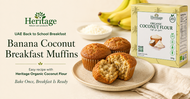 Banana Coconut Breakfast Muffins made with Heritage Organic Coconut Flour for a UAE back-to-school breakfast
