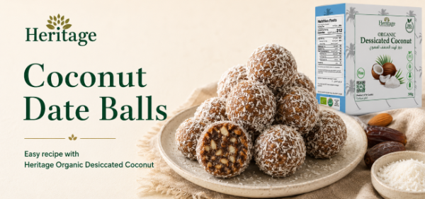 Coconut date balls coated with Heritage Organic Desiccated Coconut
