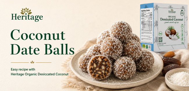Coconut date balls coated with Heritage Organic Desiccated Coconut