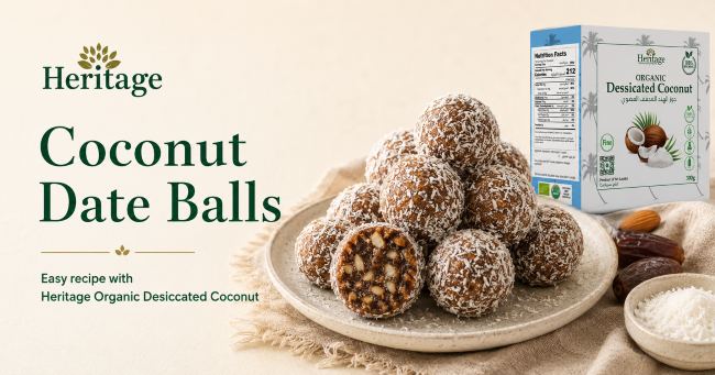 Coconut date balls coated with Heritage Organic Desiccated Coconut