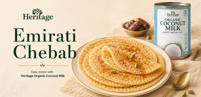 Emirati Chebab pancakes with Heritage Organic Coconut Milk, saffron and date syrup