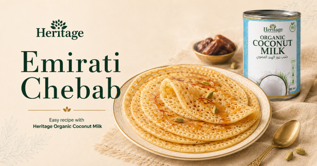 Emirati Chebab pancakes with Heritage Organic Coconut Milk, saffron and date syrup