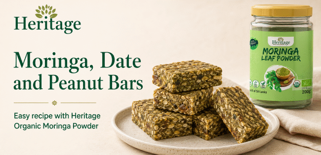 Moringa, Date and Peanut Bars made with Heritage Organic Moringa Powder
