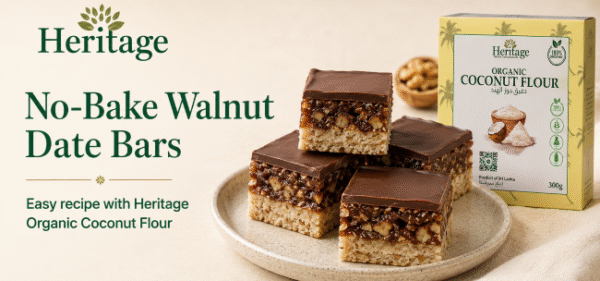 No-Bake Walnut Date Bars made with Heritage Organic Coconut Flour, dates, walnuts and dark chocolate