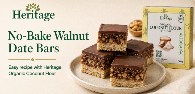 No-Bake Walnut Date Bars made with Heritage Organic Coconut Flour, dates, walnuts and dark chocolate