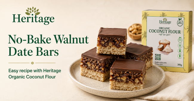 No-Bake Walnut Date Bars made with Heritage Organic Coconut Flour, dates, walnuts and dark chocolate