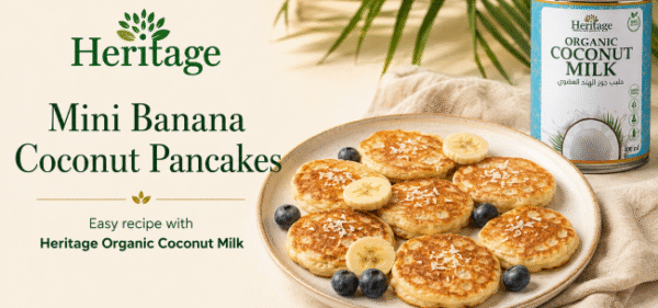 mini banana coconut pancakes Mini Banana Coconut Pancakes with fresh banana and berries made with Heritage Organic Coconut Milk
