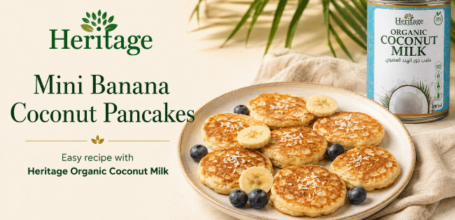 Mini Banana Coconut Pancakes with fresh banana and berries made with Heritage Organic Coconut Milk