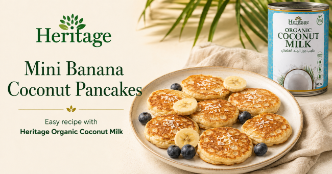 Mini Banana Coconut Pancakes with fresh banana and berries made with Heritage Organic Coconut Milk