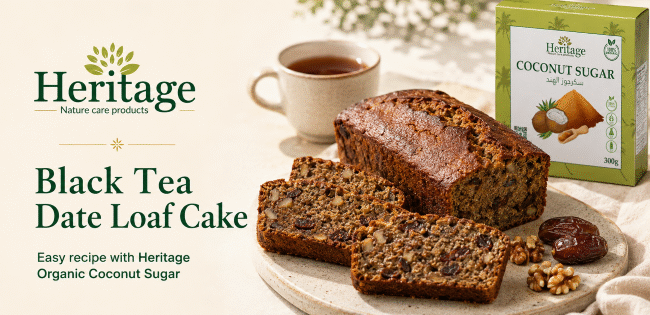 Black Tea Date Loaf Cake made with Heritage Organic Coconut Sugar and Russel’s Ceylon Pure Relaxing Black Tea