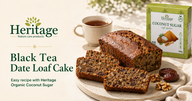 Black Tea Date Loaf Cake made with Heritage Organic Coconut Sugar and Russel’s Ceylon Pure Relaxing Black Tea