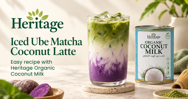 Iced Ube Matcha Coconut Latte with purple ube, creamy coconut milk and green matcha layers beside Heritage Organic Coconut Milk
