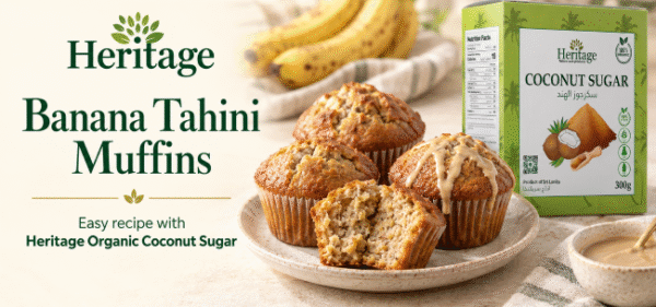 Banana tahini muffins with Heritage Organic Coconut Sugar 300 g pack