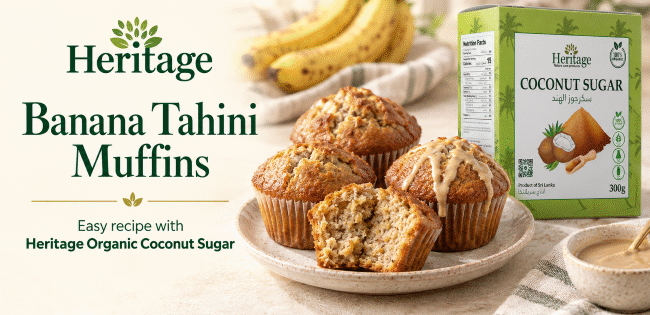 Banana tahini muffins with Heritage Organic Coconut Sugar 300 g pack