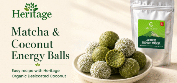 Matcha and coconut energy balls with Matchyo Japanese Premium Matcha and Heritage Organic Desiccated Coconut