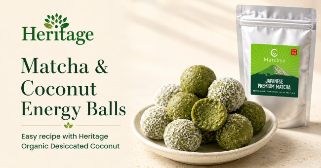 Matcha and coconut energy balls with Matchyo Japanese Premium Matcha and Heritage Organic Desiccated Coconut